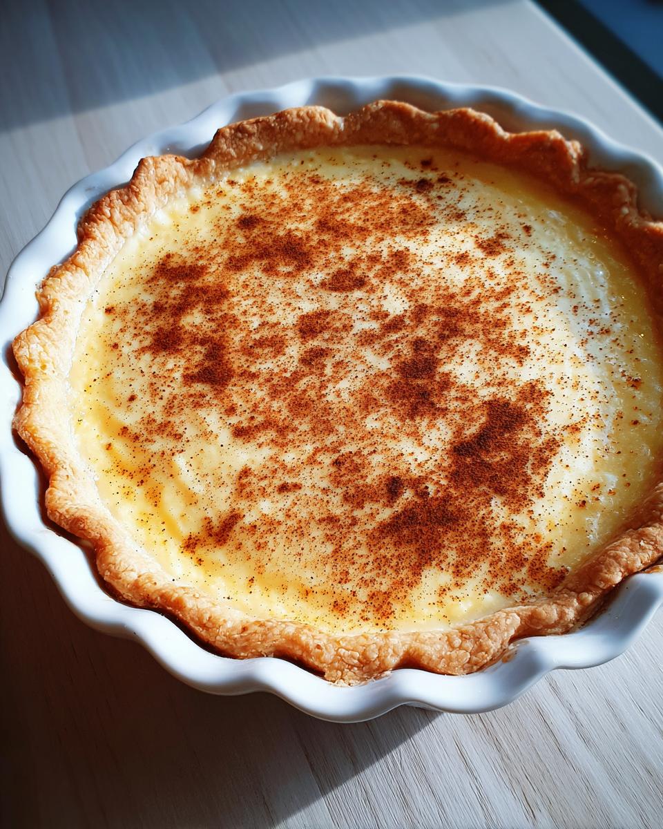 A whole, freshly baked custard pie with a golden, flaky crust dusted heavily with cinnamon.