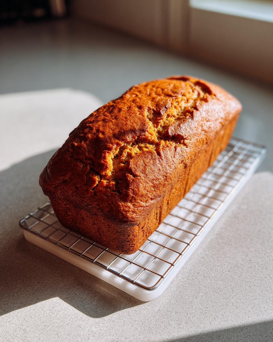 A golden brown loaf of date nut bread cooling on a wire rack in bright sunlight.