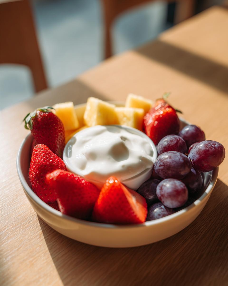 A bowl featuring strawberries, grapes, pineapple chunks, and a creamy center of fruit dip.