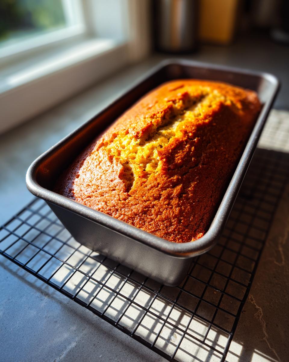 A golden brown, freshly baked sugar free banana bread still in its dark loaf pan, cooling on a wire rack near a window.