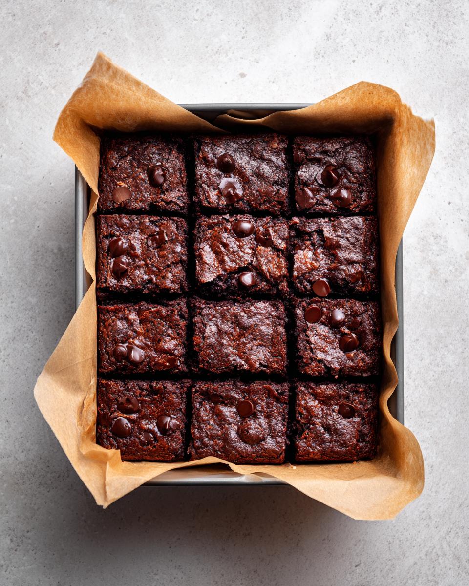 Overhead view of 12 rich, dark sweet potato brownies topped with chocolate chips, sitting in a parchment-lined baking pan.