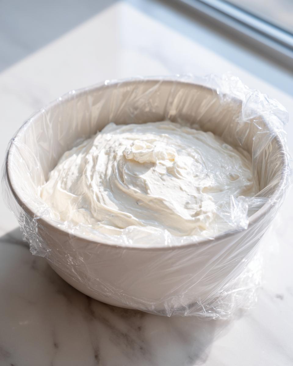 A white bowl filled with creamy, freshly mixed tartar sauce, covered loosely with plastic wrap.