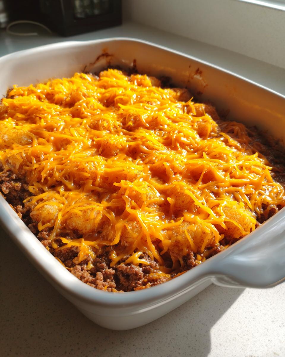 A close-up of a freshly baked tater tot casserole topped generously with melted shredded cheddar cheese.