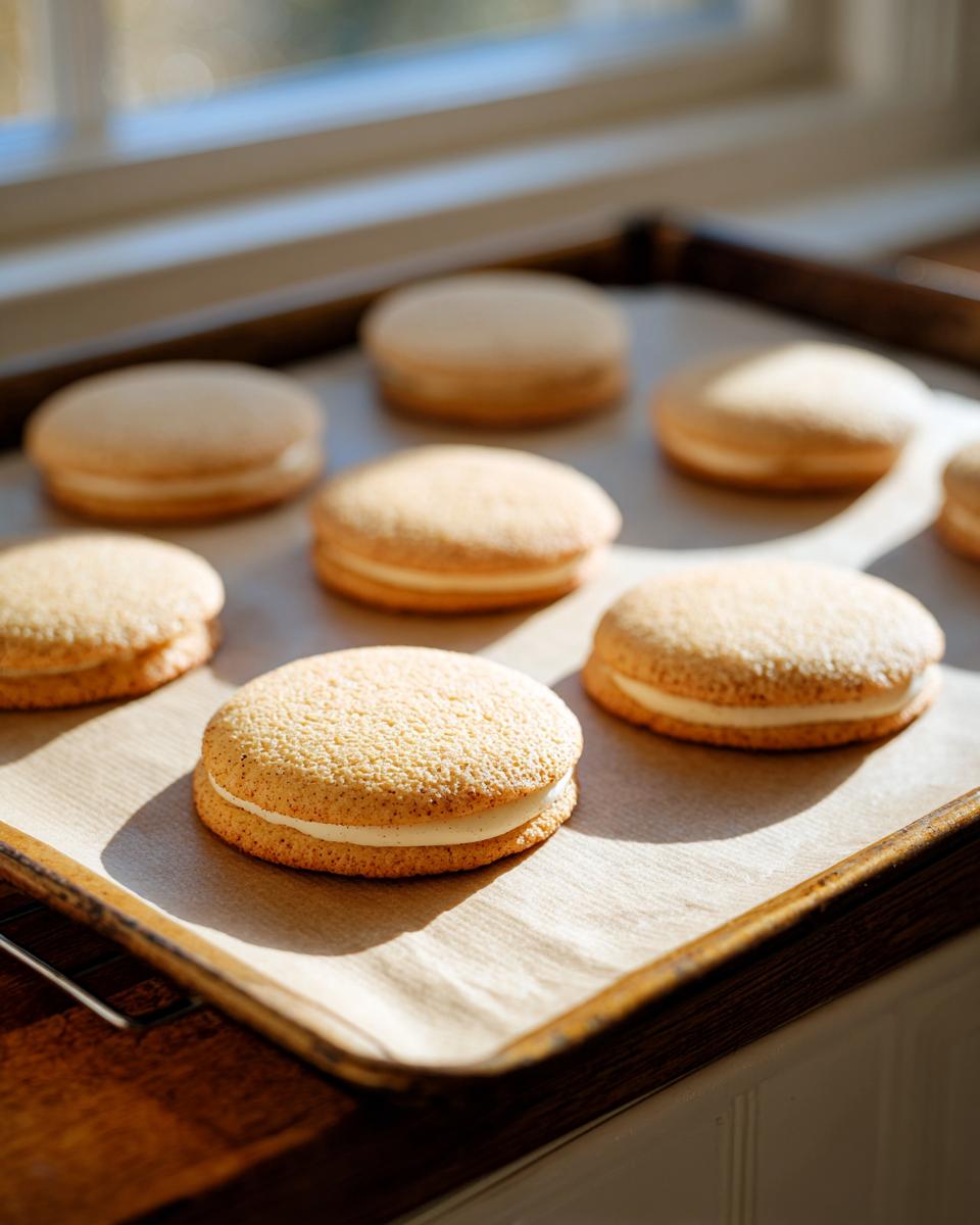 Close-up of several assembled tiramisu cookies with creamy filling resting on parchment paper on a baking sheet.