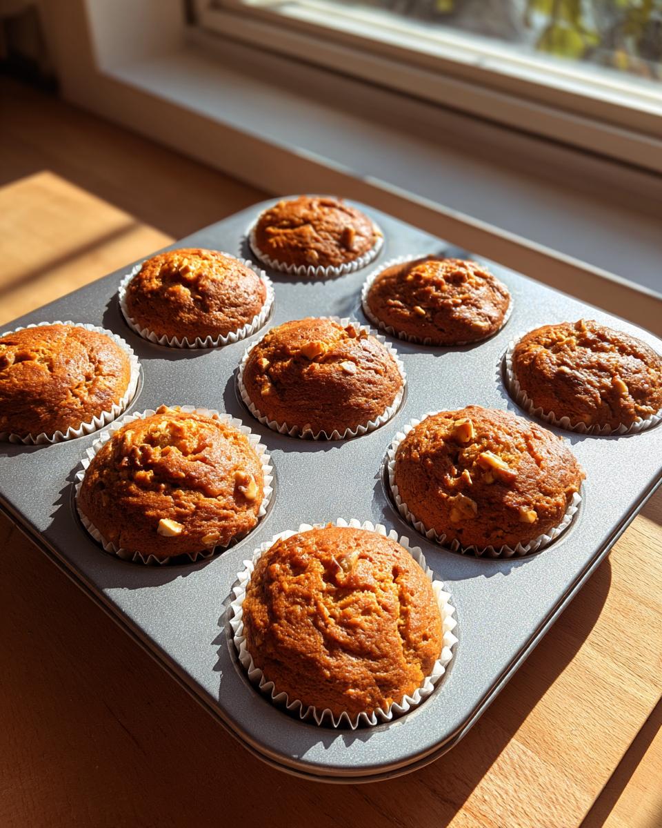 Eight freshly baked banana nut muffins cooling in a metal muffin tin near a sunlit window.