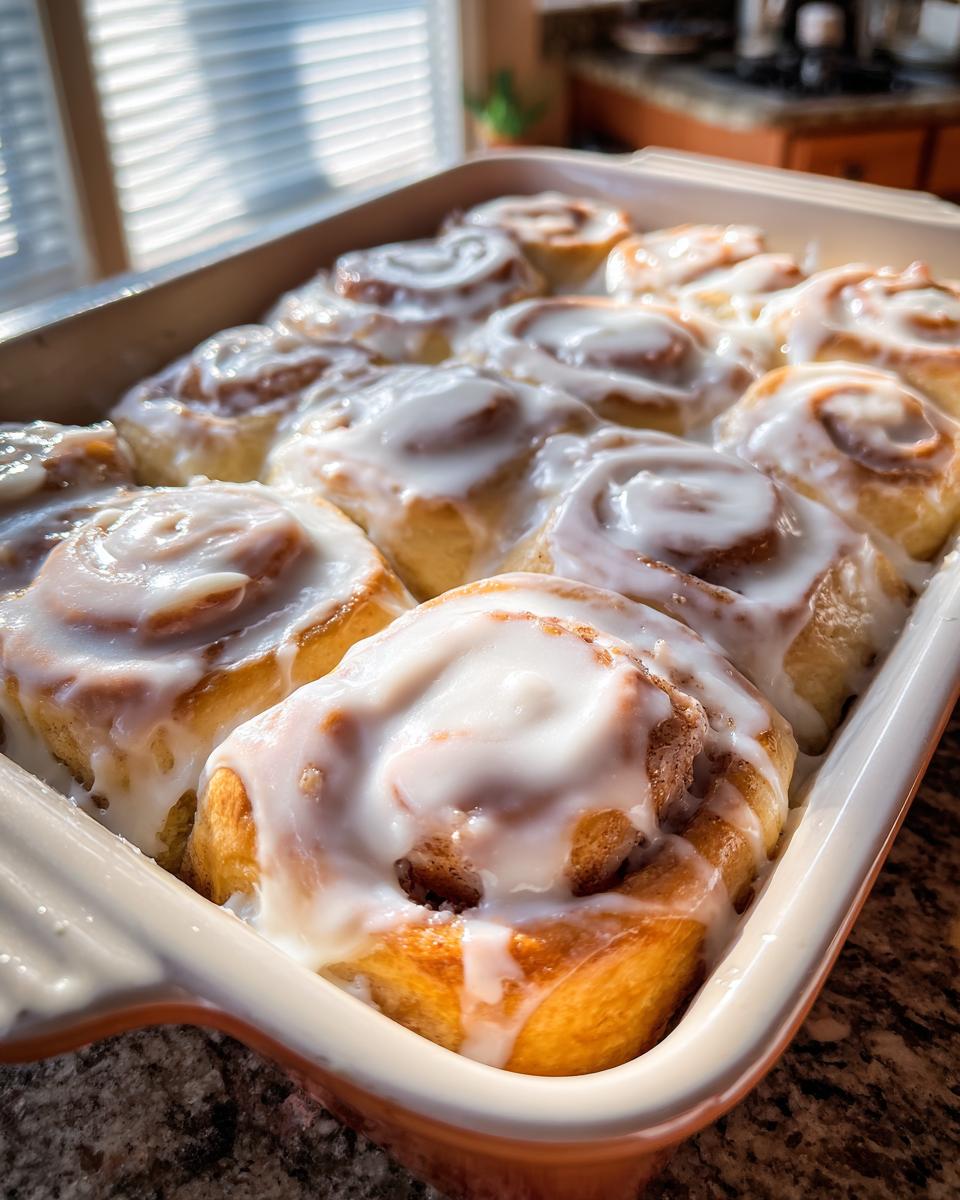 A baking dish full of warm, gooey cinnamon roll treats topped generously with white icing.