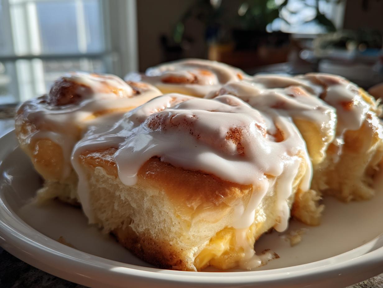 Close-up of several warm, freshly baked cinnamon roll pastries covered in thick white icing, sitting on a white plate.