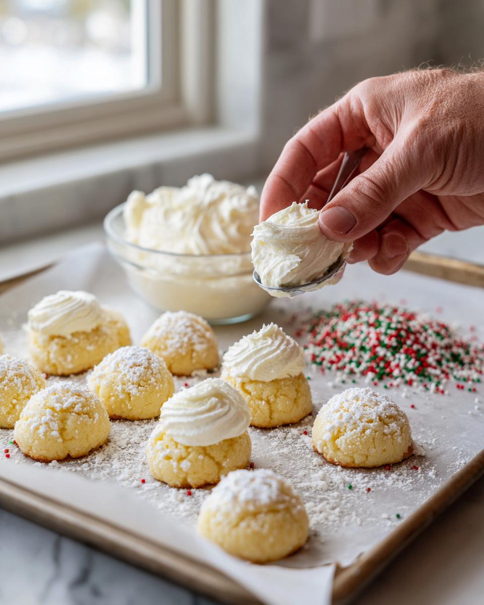 A hand spoons white frosting onto a batch of freshly baked christmas gooey butter cookies dusted with powdered sugar.