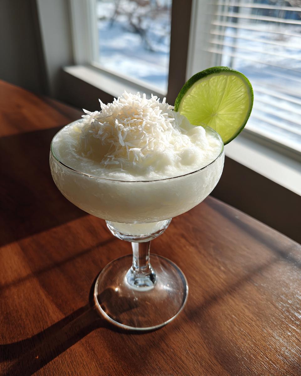 A frozen white Christmas margarita topped with shredded coconut and garnished with a lime wheel.