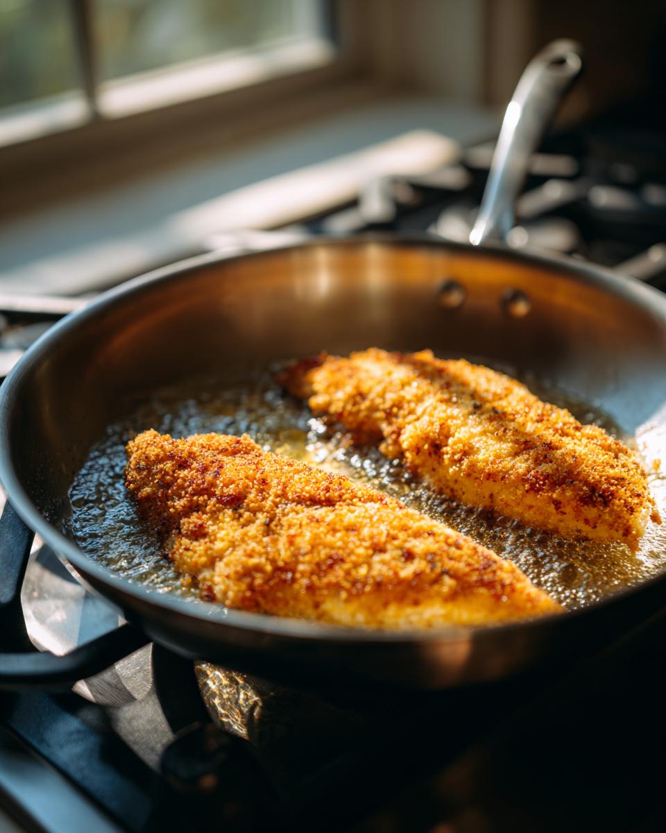 Two breaded chicken tenders are frying to a golden brown in hot oil in a stainless steel skillet, preparing for a chicken bacon ranch wrap.