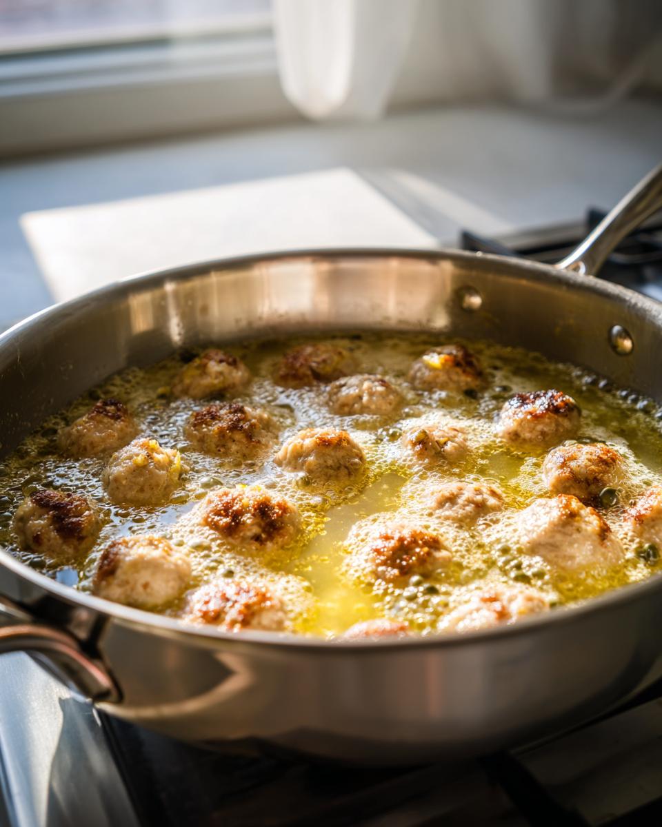 Close-up of several browned chicken piccata meatballs simmering vigorously in a yellow, bubbling sauce with visible capers in a stainless steel skillet.