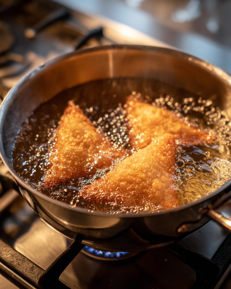 Three golden brown buñuelos frying vigorously in hot oil in a stainless steel pan over a gas flame.