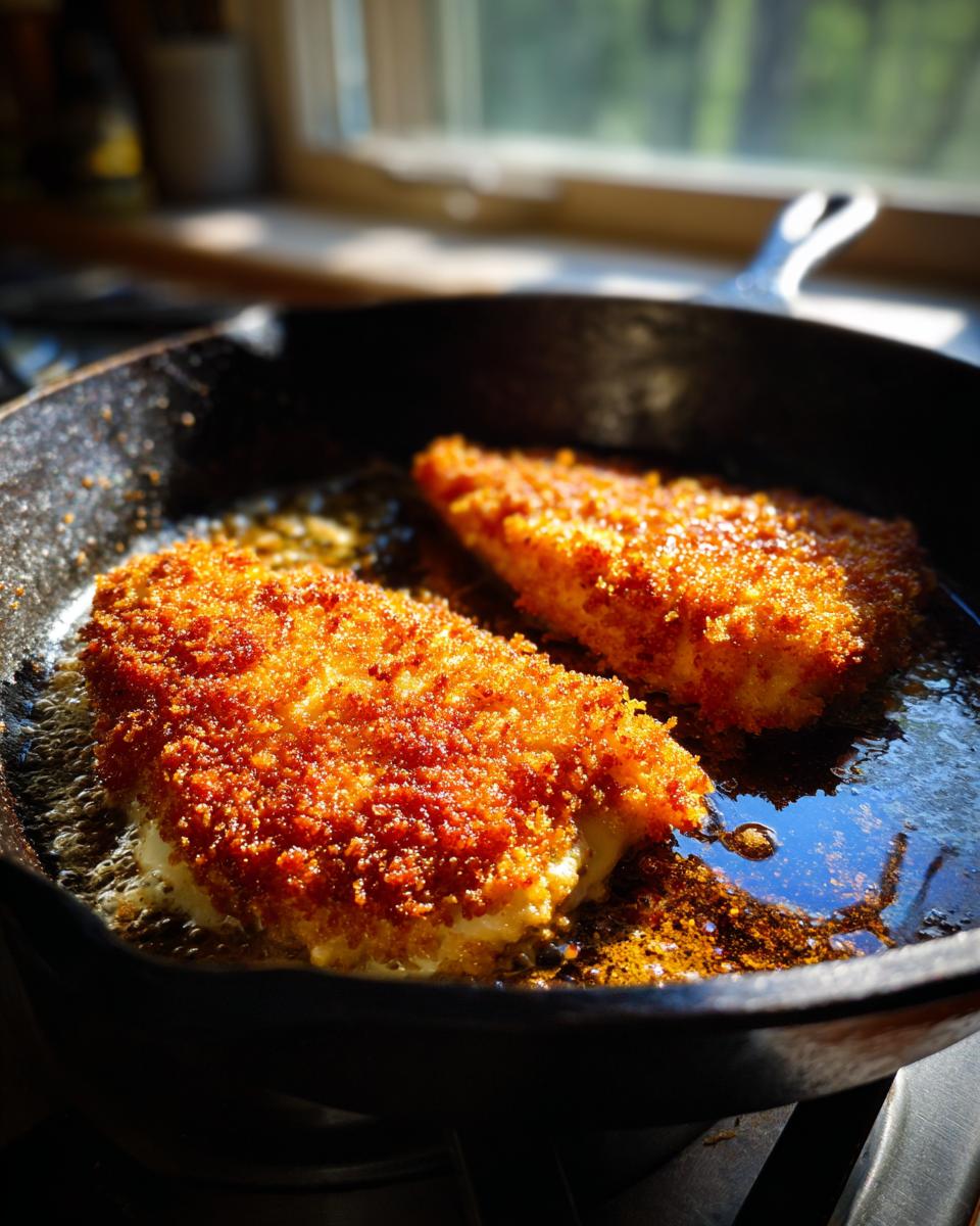 Two breaded chicken breasts frying to a golden brown in hot oil in a cast iron skillet, part of making keto chicken parmesan.