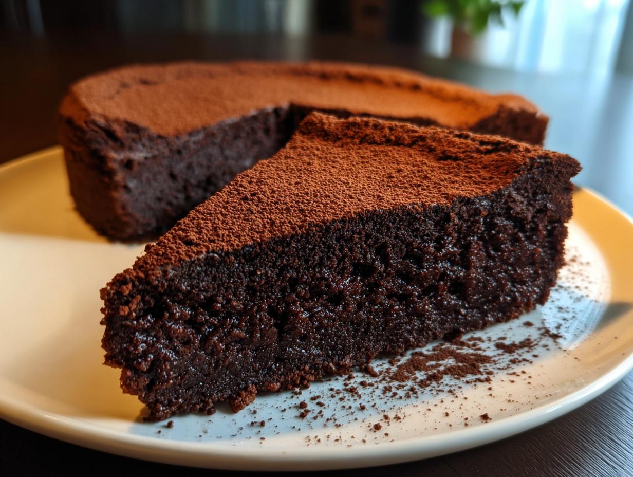 A close-up of a rich, fudgy slice of flourless chocolate torte dusted heavily with cocoa powder.