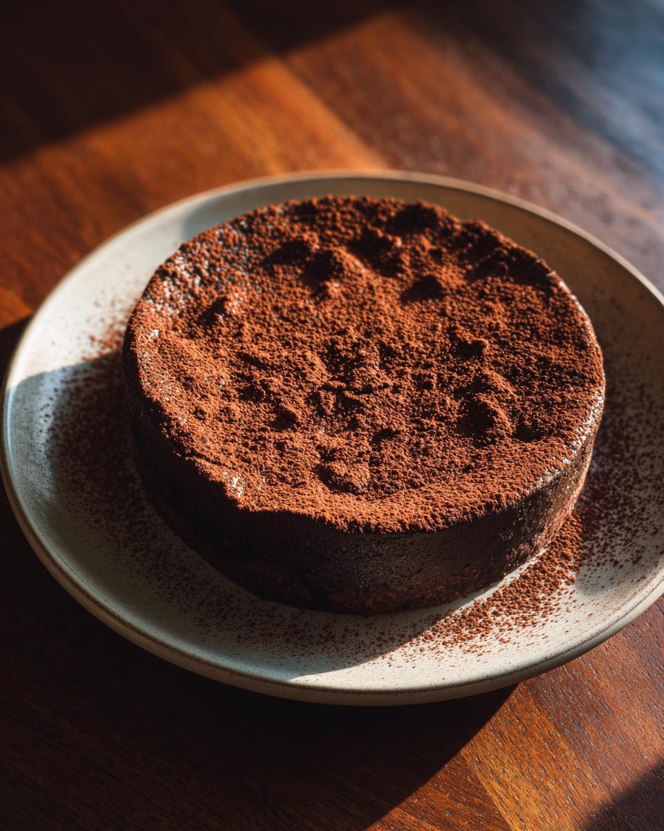 A whole, dense flourless chocolate torte dusted heavily with cocoa powder, sitting on a light plate.