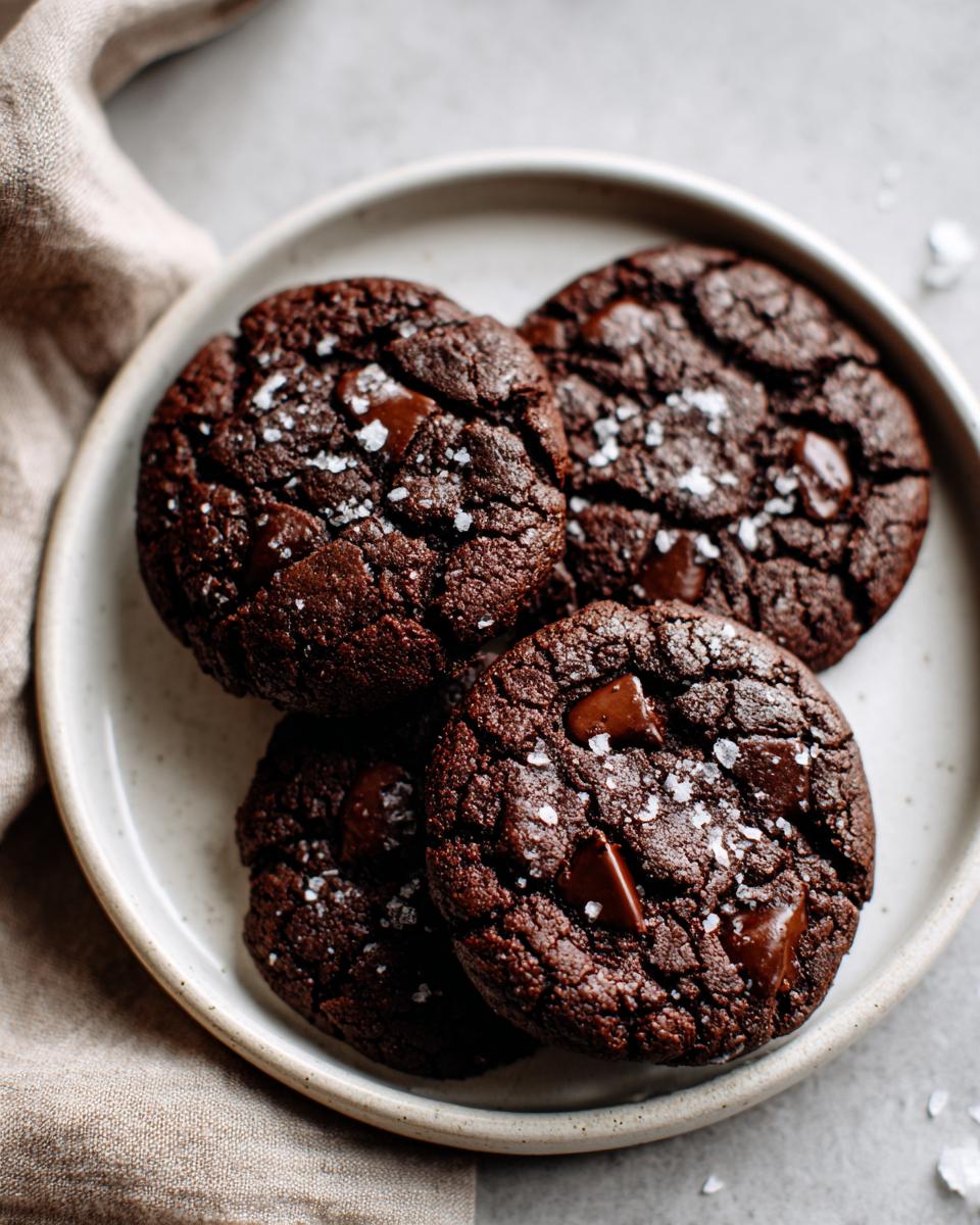 Four rich, dark chocolate brownie cookies topped with flaky sea salt and chocolate chunks, served on a light plate.
