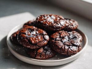 A stack of rich, dark chocolate brownie cookies topped with flaky sea salt, presented on a light ceramic plate.
