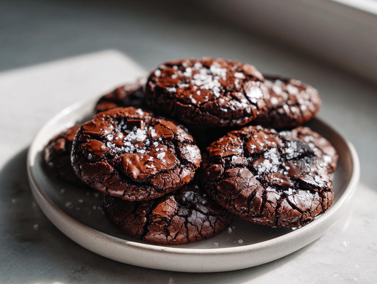 A stack of rich, dark chocolate brownie cookies topped with flaky sea salt, presented on a light ceramic plate.