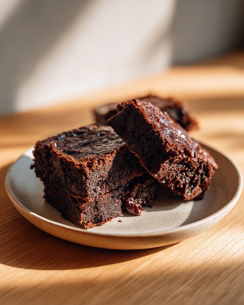 Close-up of fudgy sweet potato brownies stacked on a speckled plate, highlighted by dramatic sunlight.