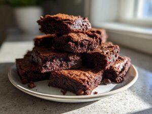 A tall stack of rich, fudgy sweet potato brownies piled on a light-colored plate, catching natural sunlight.