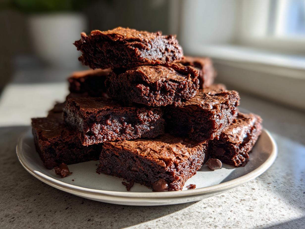 A tall stack of rich, fudgy sweet potato brownies piled on a light-colored plate, catching natural sunlight.