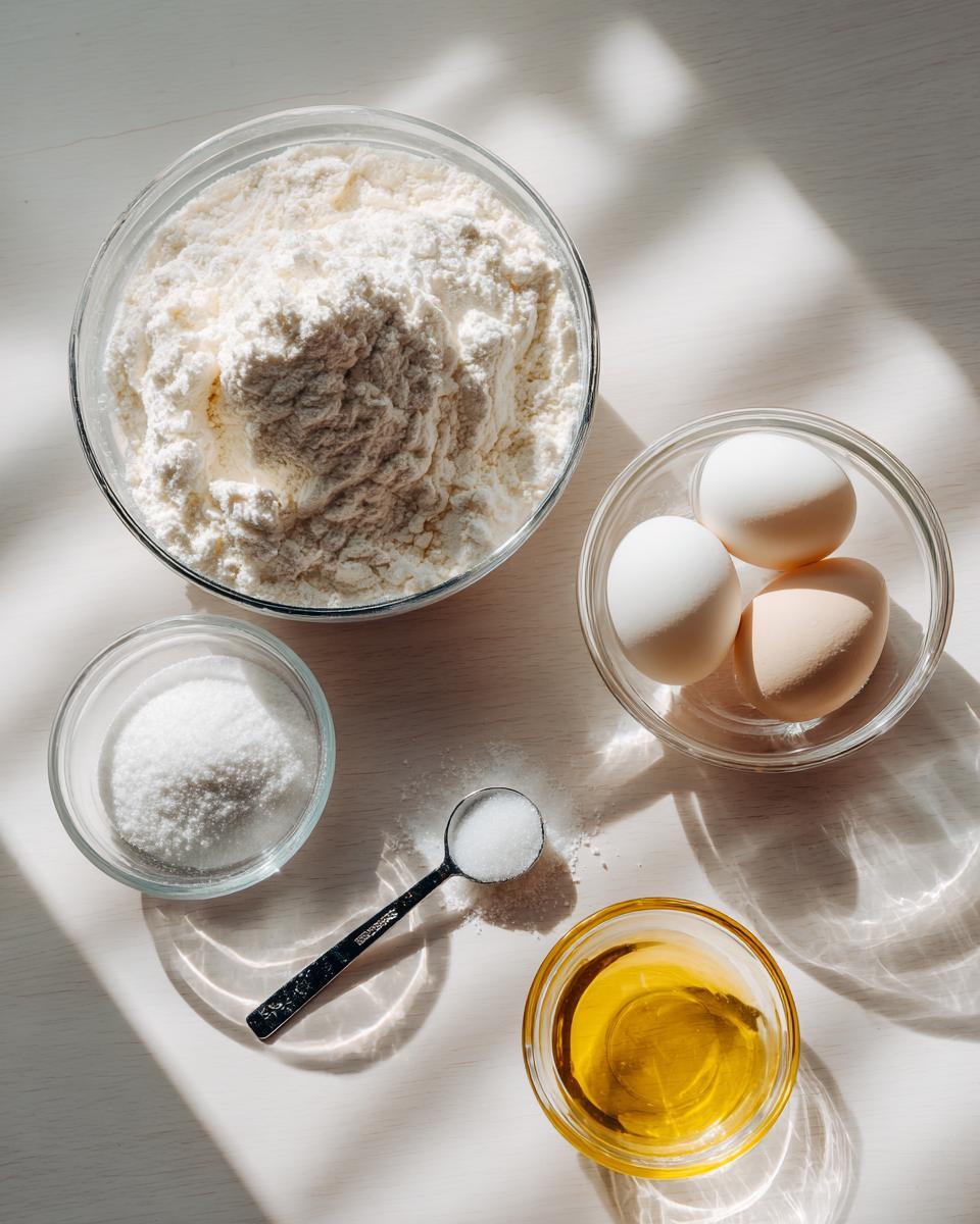 Overhead view of ingredients for a funnel cake recipe: flour, eggs, sugar, and oil, set on a white surface with strong shadows.