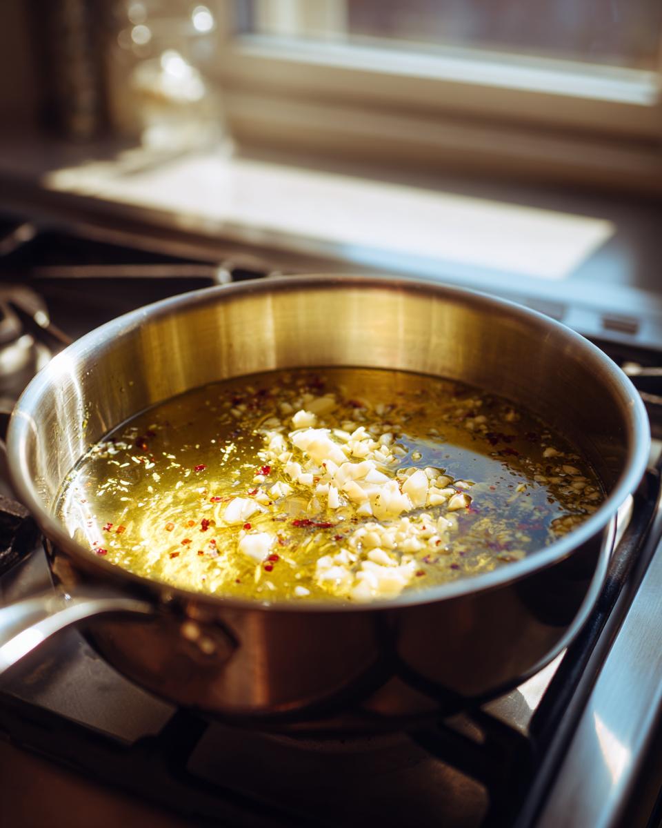 Garlic and chili flakes infusing in olive oil in a stainless steel pan, a step for creamy pesto pasta.