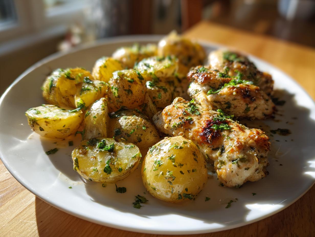 Golden brown garlic parmesan chicken and potatoes served on a white plate, garnished with fresh parsley.