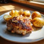 A close-up of a juicy piece of garlic parmesan chicken topped with a glistening glaze and served with roasted potatoes.
