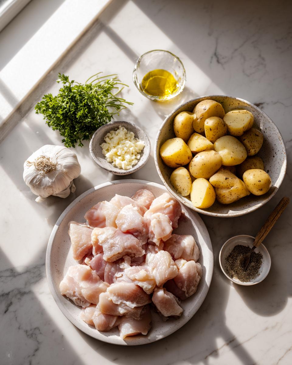 Raw ingredients laid out for garlic parmesan chicken and potatoes, including cubed chicken, potatoes, garlic, and parsley.