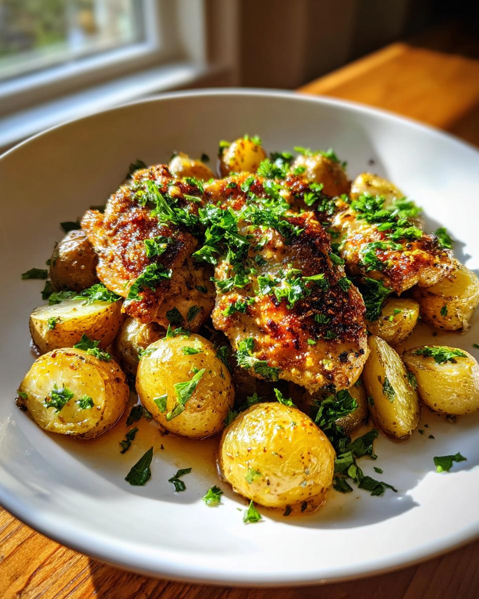 Golden-brown garlic parmesan chicken and roasted potatoes garnished heavily with fresh parsley.