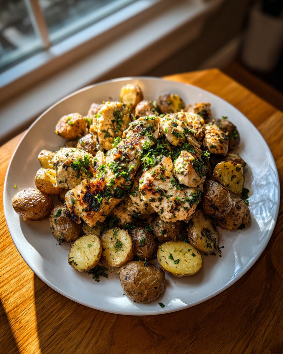 A white plate filled with grilled garlic parmesan chicken and roasted baby potatoes, garnished with fresh parsley.