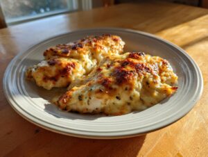 Two pieces of golden brown Garlic parmesan chicken bake covered in melted, bubbly cheese served on a light gray plate.
