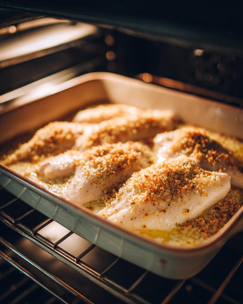 Raw chicken breasts topped with breadcrumbs baking in a dish inside an oven for Garlic parmesan chicken bake.