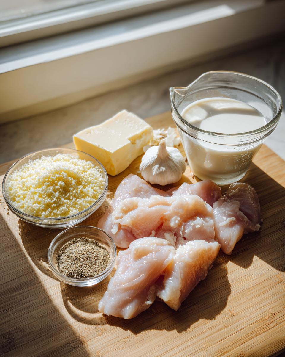 Raw chicken pieces, parmesan cheese, garlic, cream, and pepper ready for Garlic parmesan chicken bake.