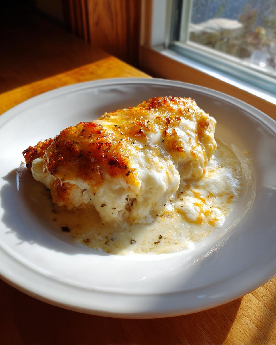 A single serving of Garlic parmesan chicken bake, smothered in melted, browned cheese sauce, sitting on a white plate.