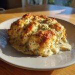 A close-up serving of baked Garlic parmesan chicken bake, golden brown and topped with herbs, sitting in a creamy sauce.