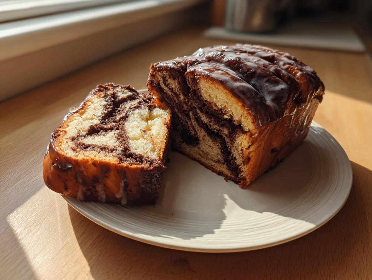 A freshly baked chocolate babka loaf, partially sliced, showing rich chocolate swirls and a shiny glaze, sitting on a plate.