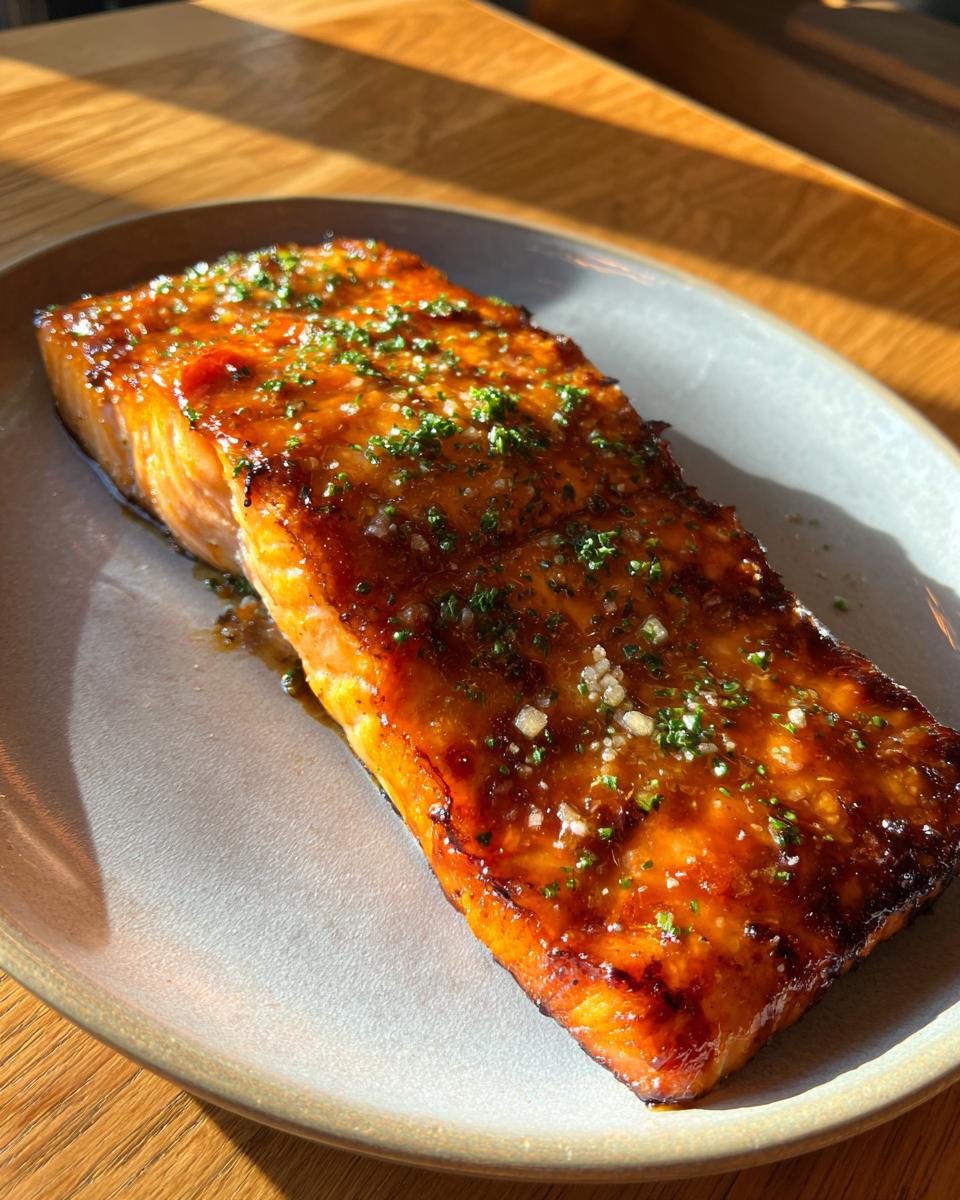 A perfectly cooked, glazed salmon fillet topped with fresh herbs and coarse salt, served on a light gray plate.