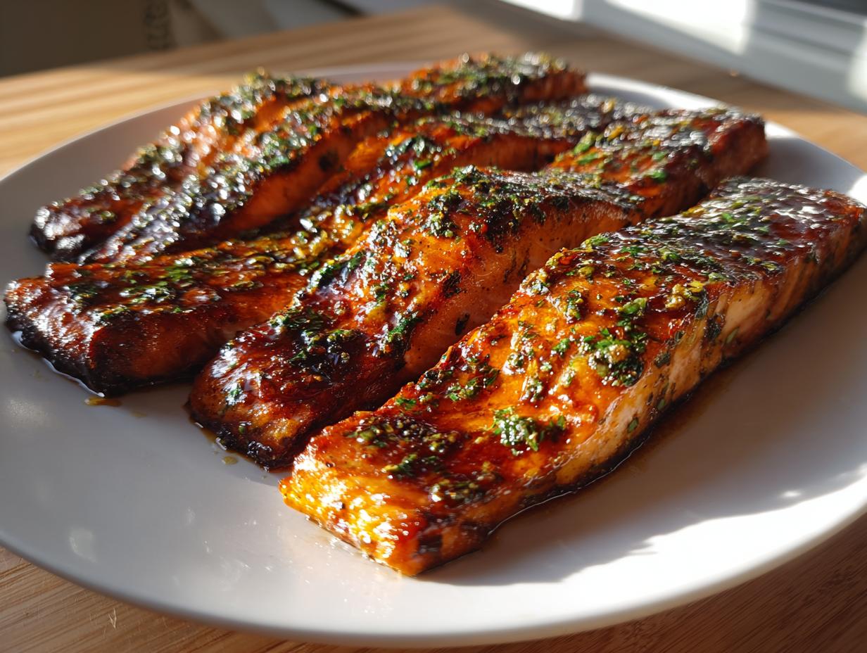 Four perfectly cooked, glazed salmon fillets garnished with fresh green herbs on a white plate.