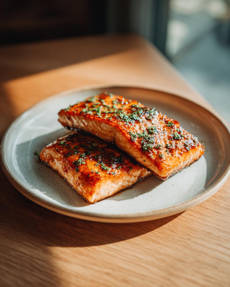 Two perfectly cooked, glazed salmon fillets topped with fresh green herbs sitting on a light-colored plate.