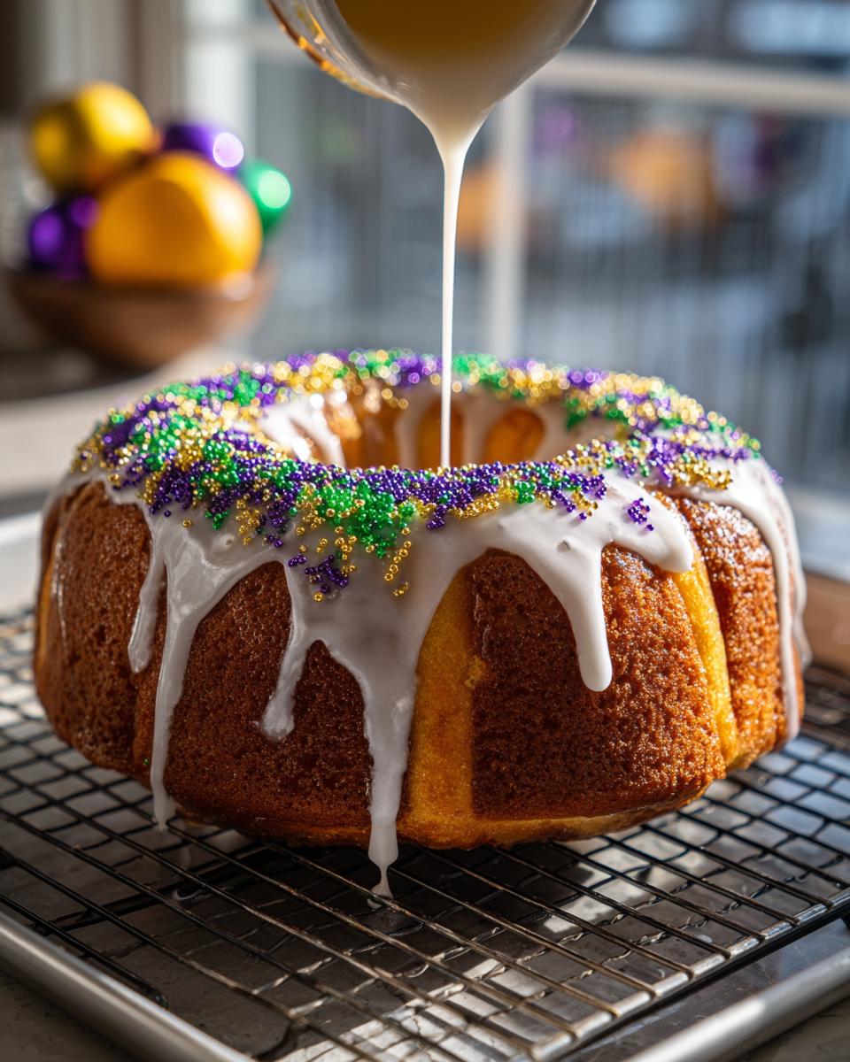 A golden-brown King Cake is being drizzled with white icing while topped with purple, green, and gold sprinkles.