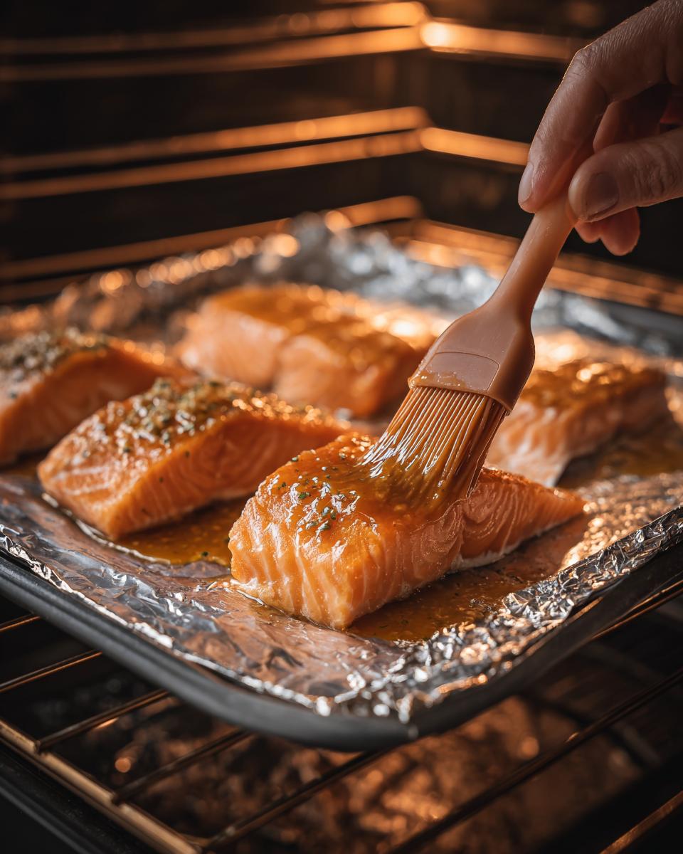 A hand uses a silicone brush to apply a glaze onto raw salmon fillets resting on foil inside a hot oven.