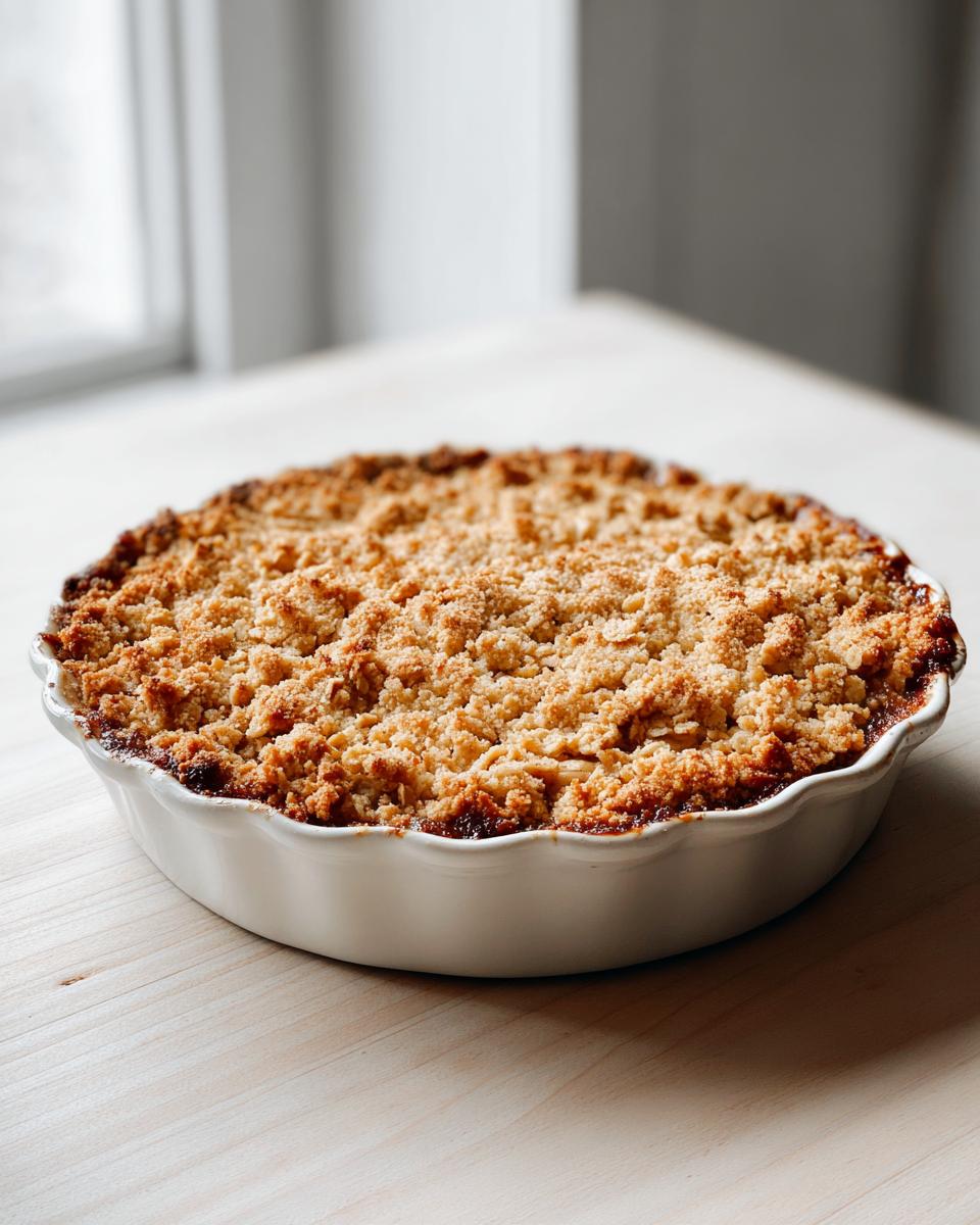 A golden-brown, freshly baked apple crisp recipe presented in a white, fluted baking dish on a light wooden surface.