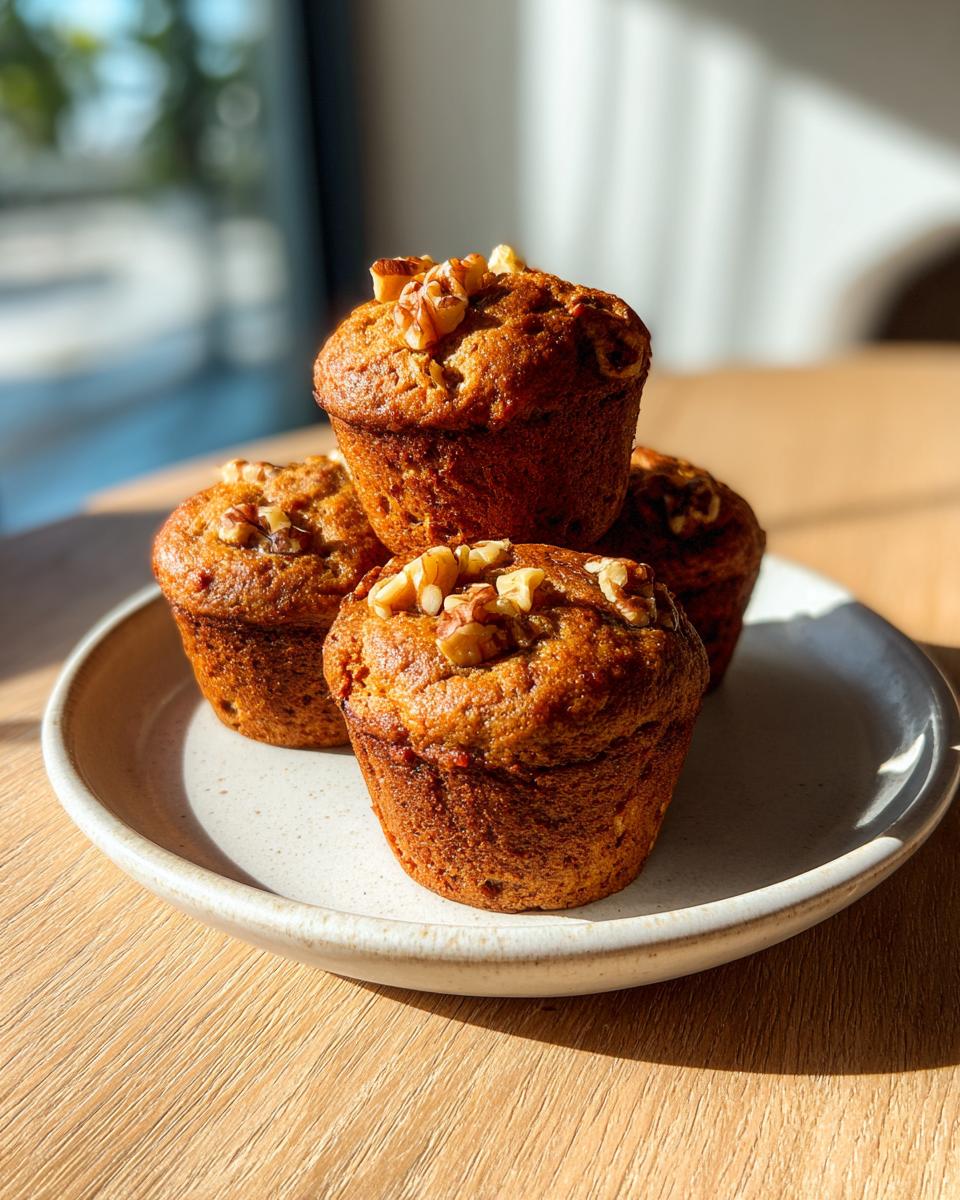 Four golden brown banana nut muffins stacked on a speckled ceramic plate, topped with walnuts.