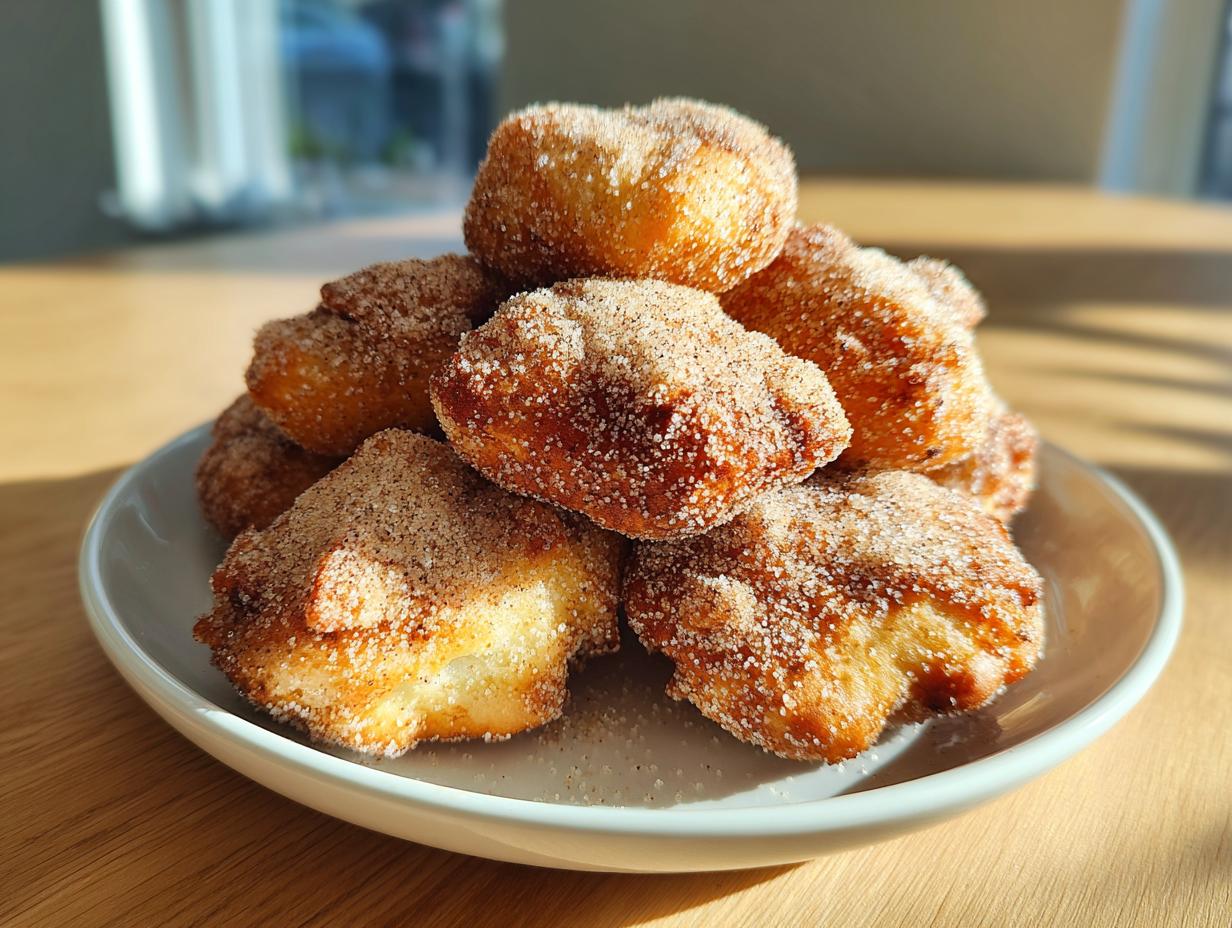 A stack of freshly fried buñuelos generously coated in cinnamon sugar, resting on a small white plate.