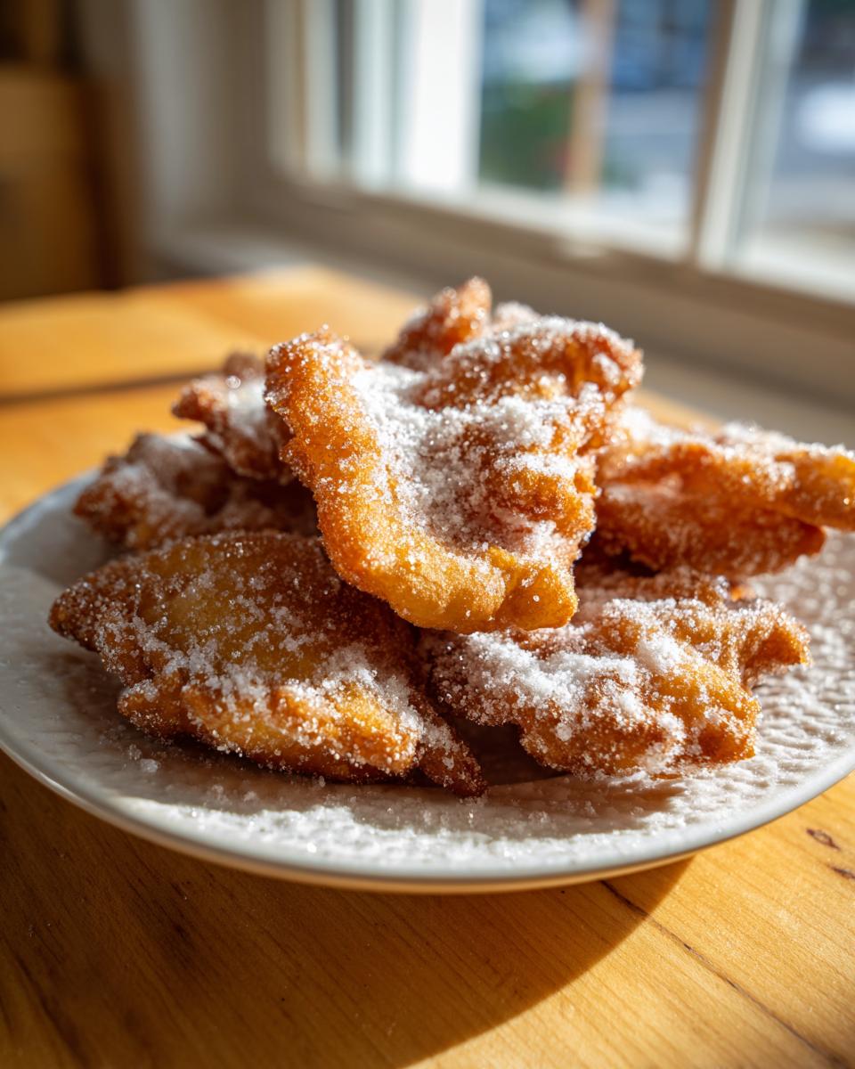 A plate piled high with freshly fried, golden brown buñuelos generously dusted with white powdered sugar.