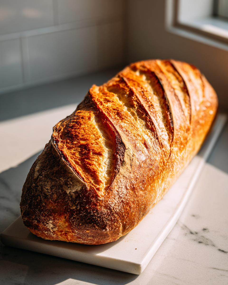 A beautifully scored, golden-brown loaf of homemade french bread resting on a white marble surface.