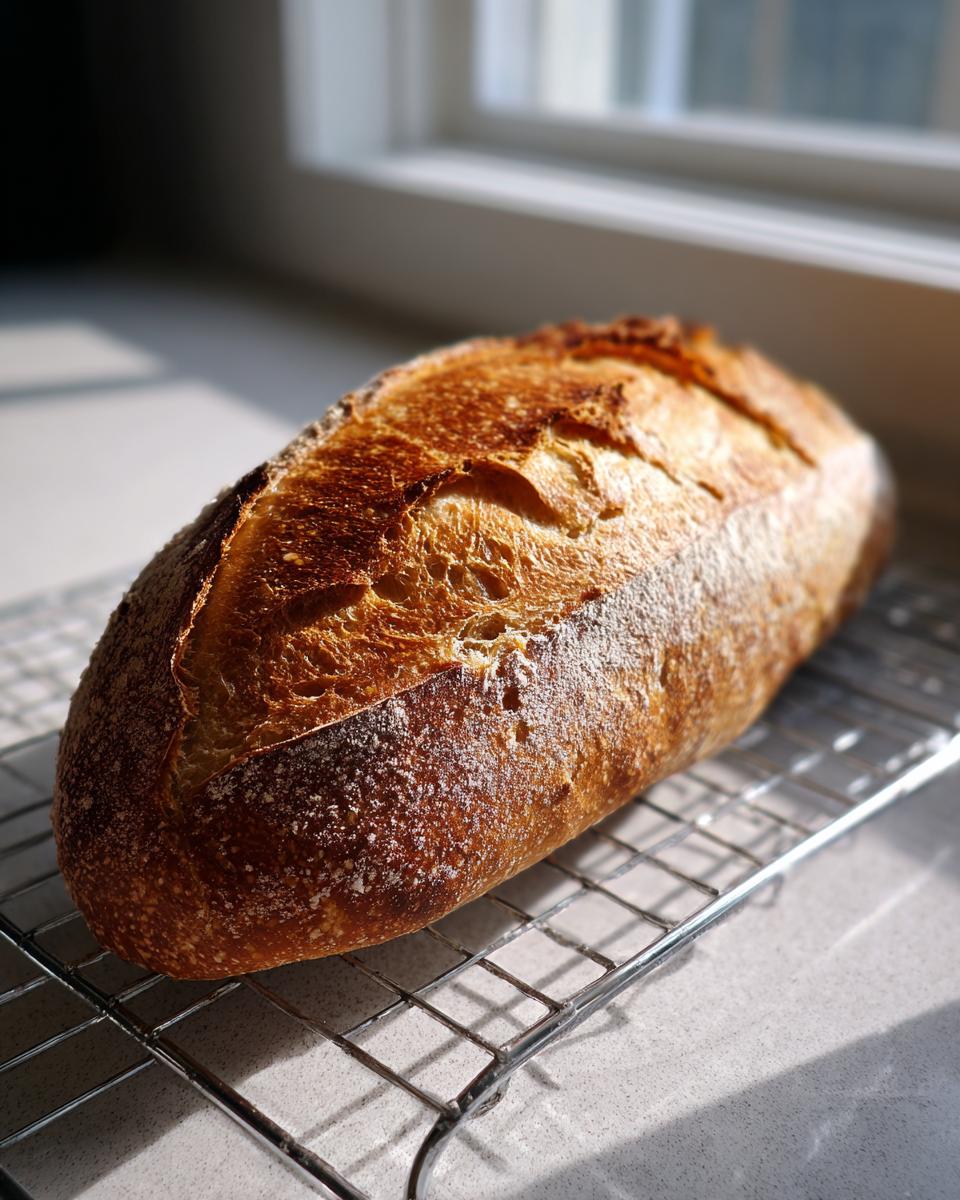 A perfectly baked loaf of french bread with a deeply golden, crackled crust resting on a wire cooling rack near a window.