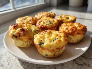 A plate of freshly baked, golden brown egg bites with visible bits of spinach, perfect for a high-protein breakfast.